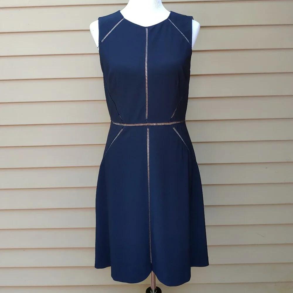 Alex Marie A-Line Dress Dark Blue Navy Ladder Trim Accents Sleeveless Classic